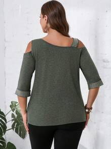 EMERY ROSE Plus Size Women's Summer Asymmetrical Neckline Half Sleeve Casual T-Shirt With Rhinestone Decoration - Dark Green - View 2