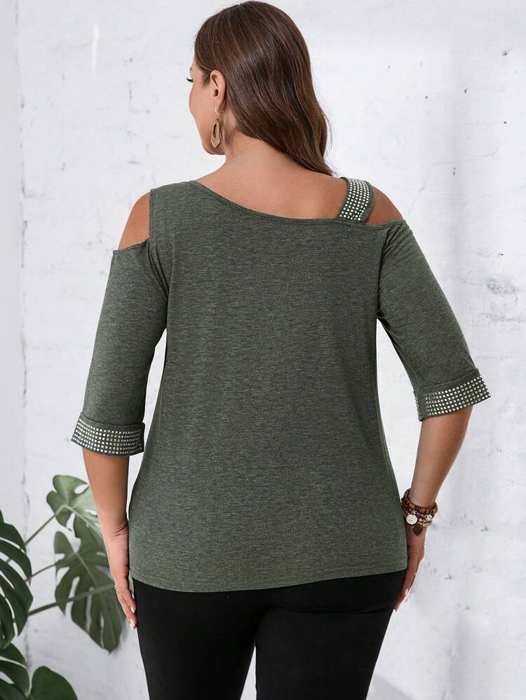 Plus Size Women's Summer Asymmetrical Neckline Half Sleeve Casual T-Shirt With Rhinestone Decoration