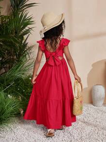 SHEIN Leap Crew SLAYR Young Girl Young Girl Chet Faker Music Festival Woven Solid Color Square Neck Sleeveless Long Dress - Red - View 1