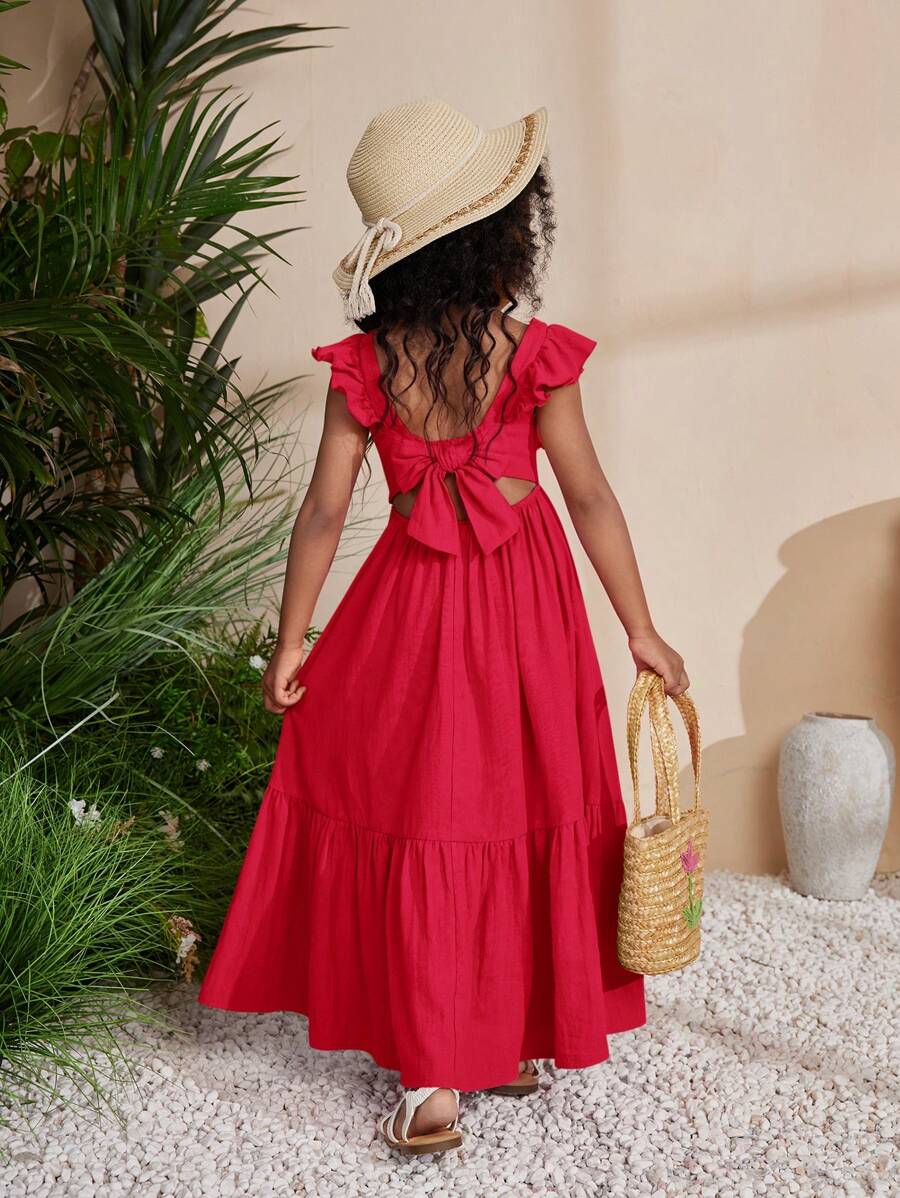SHEIN Leap Crew SLAYR Young Girl Young Girl Chet Faker Music Festival Woven Solid Color Square Neck Sleeveless Long Dress - Red - View 1