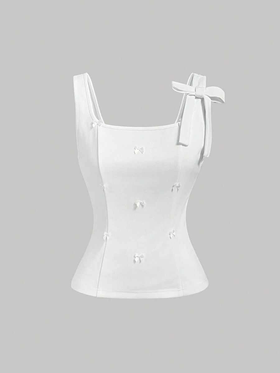 SHEIN MOD Camiseta blanca sin mangas con lazo para el almuerzo, camiseta para fiesta, camiseta de graduación - Blanco - Ver 1