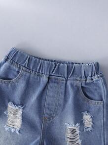 SHEIN Young Boy Summer Casual Letter Printed Short Sleeve T-Shirt And Distressed Denim Shorts Set - Black - View 4