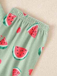 適合Tween Girl簡約款西瓜印花寬鬆短袖T恤和長褲，2件套靜居家穿著 - 綠色 - 查看 5