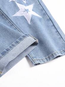 Men's Slim Fit Casual Jeans With Star Embroidery And Distressed Design - Light Wash - View 7