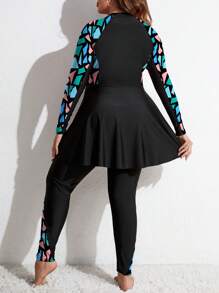 Swim Mulvari Plus Size Color Block Long Sleeve Summer Burkini With Top DesignArabic Clothing - Black - View 2