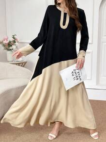 Al Najma Ladies Color Block Simple Arabian Dress For Daily Wear, Color Block Long Sleeve Kaftan Dress, Elegant Loose Button Front Maxi Length Dress, Modest - Black - View 6