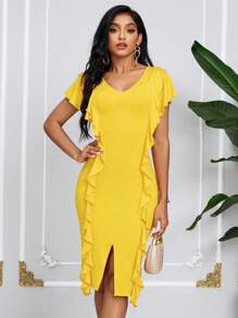 SHEIN Lady Vestido de verano amarillo para mujer, vestido de falda con ribete de volantes divididos - Amarillo - Ver 6