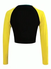 Women's Spring And Summer Jamaica Printed Color Block Round Neck Raglan Sleeve Long Sleeve Slim Fit Crop Top Graphic Tees Women Tops For Spring - Black - View 2