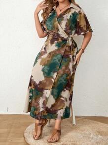 Modelyn Vestido largo de verano con estampado de teñido anudado de talle alto con volantes en las mangas cortas para mujeres de talla grande, vestido de noche largo para mujer