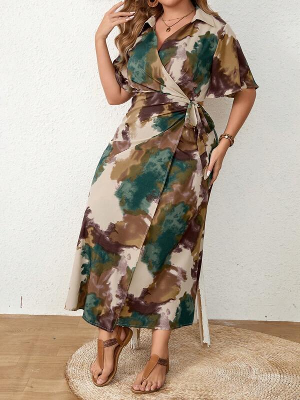 Modelyn Vestido largo de verano con estampado de teñido anudado de talle alto con volantes en las mangas cortas para mujeres de talla grande, vestido de noche largo para mujer