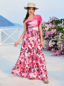 SHEIN Cô Gái Tuổi Teen Mùa Hè Thắt Nơ In Hình Một Vai Xù Lông Tay Ngắn Và In Hoa Váy Dài Kỳ Nghỉ Bộ 2 Chiếc - Nhiều màu - Xem 3