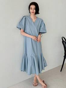 FRIFUL Đầm suông tay ngắn cổ chữ V màu trơn có viền nhún bèo cho nữ - Màu xanh lam - Xem 4