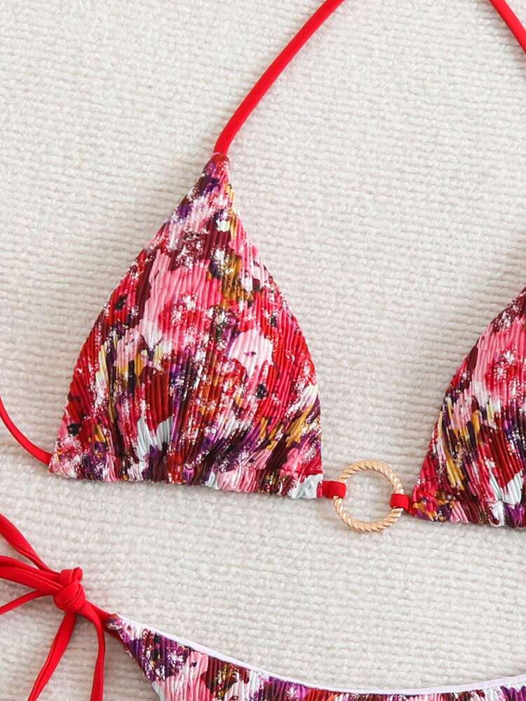 Women's Ditsy Floral Halter Neck Tie Sexy Bikini Set For Vacation,Summer Beach