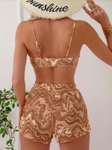 SHEIN Swim 女士大理石印花休闲比基尼套装，适合夏季海滩，配有随机印花罩衫短裤 - 咖啡棕 - 查看 2