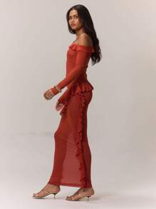 MUSERA Mesh Frill Detail Maxi Dress, For Wedding Guest, Summer, Elegant - Coral Orange - View 4