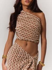 MUSERA 纹理条纹不对称领口上衣，适合夏季伊比沙岛音乐节 - 棕色 - 查看 1