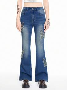 ROMWE Fairycore 女士复古蝴蝶铆钉串珠波西米亚风喇叭牛仔裤 - 藍色 - 查看 3