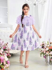 SHEIN DRMZ Tween Girl Tween Girl Cute Loose Collar A-Line Dress With Layered Ruffled Mesh Top 2pcs Set - Purple - View 1