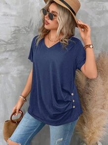 SHEIN LUNE Plus Size Women's Solid Color V-Neck Short Sleeve Pleated Casual T-Shirt, Summer - Navy Blue - View 1