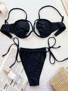 Swim SXY Women's Summer Beach Mesh Splicing Sexy Bikini Set, Non-Push Up Style With Steel Frame - Black - View 3