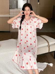 DAZY Cute Strawberry Printed Sleeping Dress With Layered Ruffle Hem And Contrast Stitching Pajama - Beige - View 1