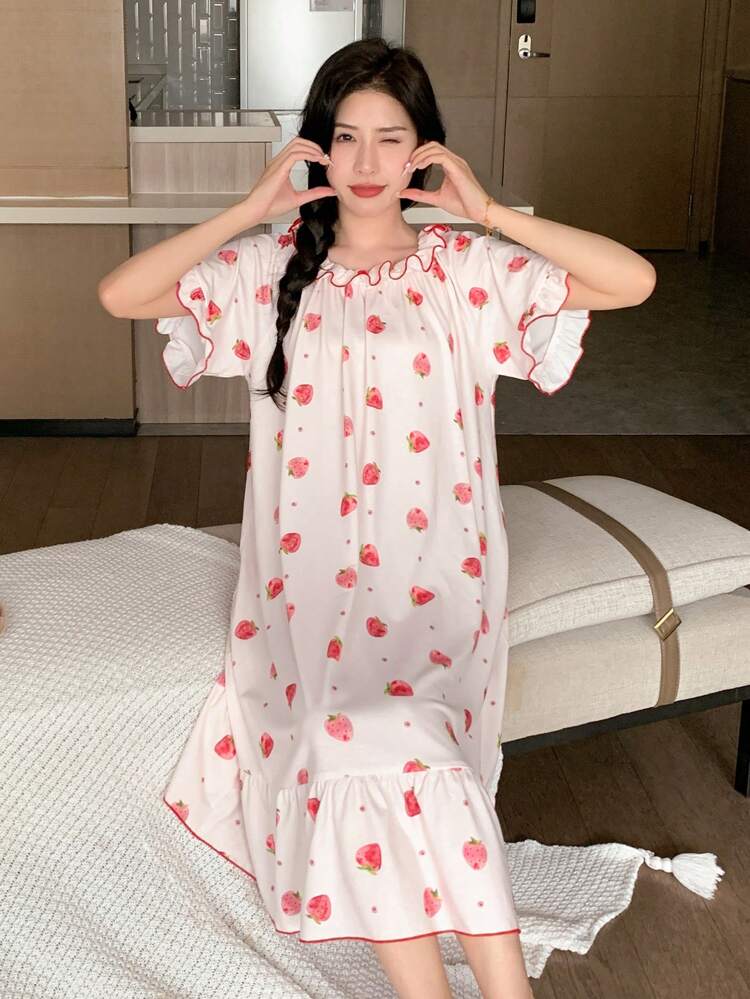 Cute Strawberry Printed Sleeping Dress With Layered Ruffle Hem And Contrast Stitching Pajama