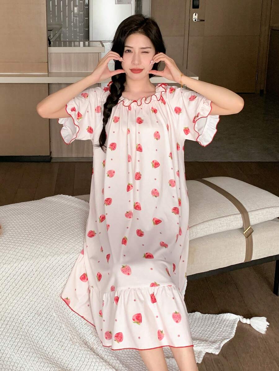 DAZY Cute Strawberry Printed Sleeping Dress With Layered Ruffle Hem And Contrast Stitching Pajama - Beige - View 1