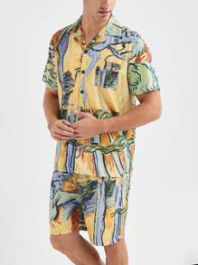 Men's Summer Random Print Short Sleeve Shorts Home Wear Set - Yellow - View 5