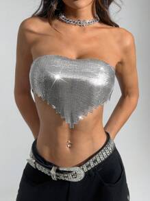 EgrlEra 女式Y2K金屬閃粉露肩上衣，適用於夜店 - 銀色 - 查看 5