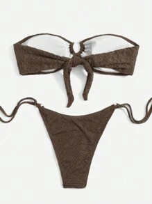 SHEIN Swim 女性度假無肩帶比基尼套裝，帶有環形連接件，純色，性感兩件式泳衣，夏日海灘泳裝 - 咖啡棕 - 查看 2