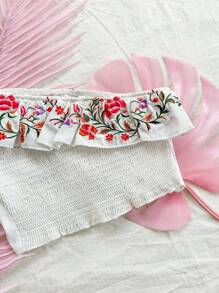 SHEIN Dreamara Vacation Retro Embroidery Asymmetrical Neck Top With Ruffle Trim