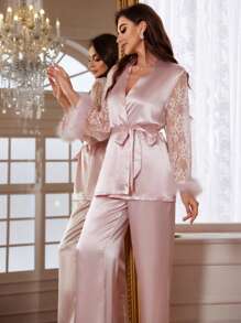 女士蕾丝拼接长袖睡衣套装，配腰带，秋冬服装