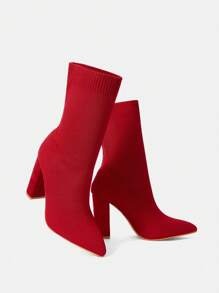 CUCCOO BASICS 尖头弹力粗跟高跟一脚蹬针织女靴圣诞节秋季新年假期 - 紅色 - 查看 5