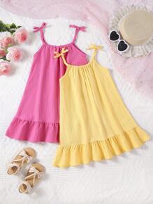 SHEIN Young Girl 2pcs/Set Back To School Season Simple & Casual Sleeveless Loose Bowknot Dress With Straps, Summer - Multicolor - View 2