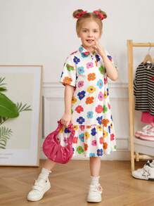 SHEIN Vestido casual de punto con cuello tipo polo, flores minúsculas y diseño holgado para niña joven