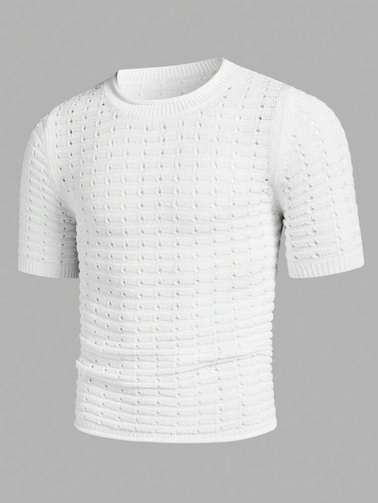 Men's Summer Solid Color Short Sleeve Hollow-Out Casual Knitted Top