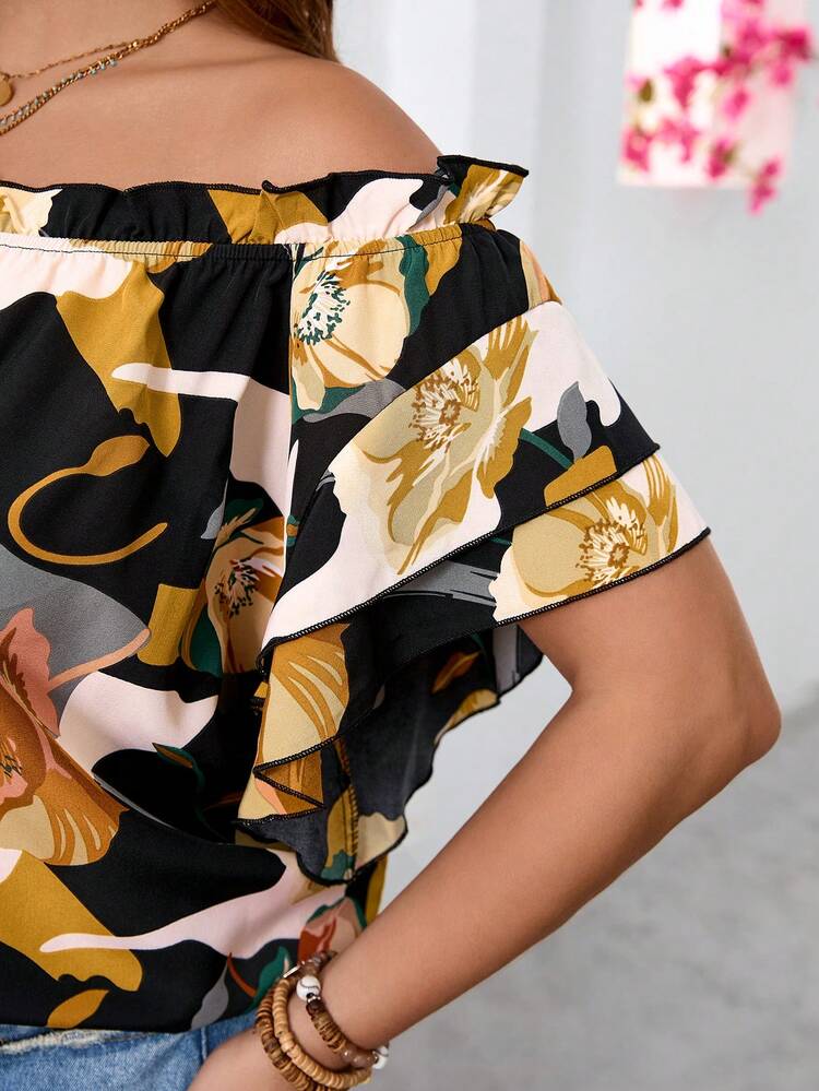 Plus Size Holiday Black Floral Printed Off-Shoulder Ladies' Romantic Summer Blouse