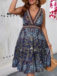 SHEIN VCAY Große Größen Blumiges Muster Allover Tiefes V-Ausschnitt Rüschenhemd ärmelloses Sommer Freizeitkleid - Verschiedenfarbig - Übersicht 5