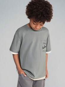 SHEIN Tween Boys' Knitted Patchwork Letter Print Loose Fit T-Shirt With Pocket - Multicolor - View 5