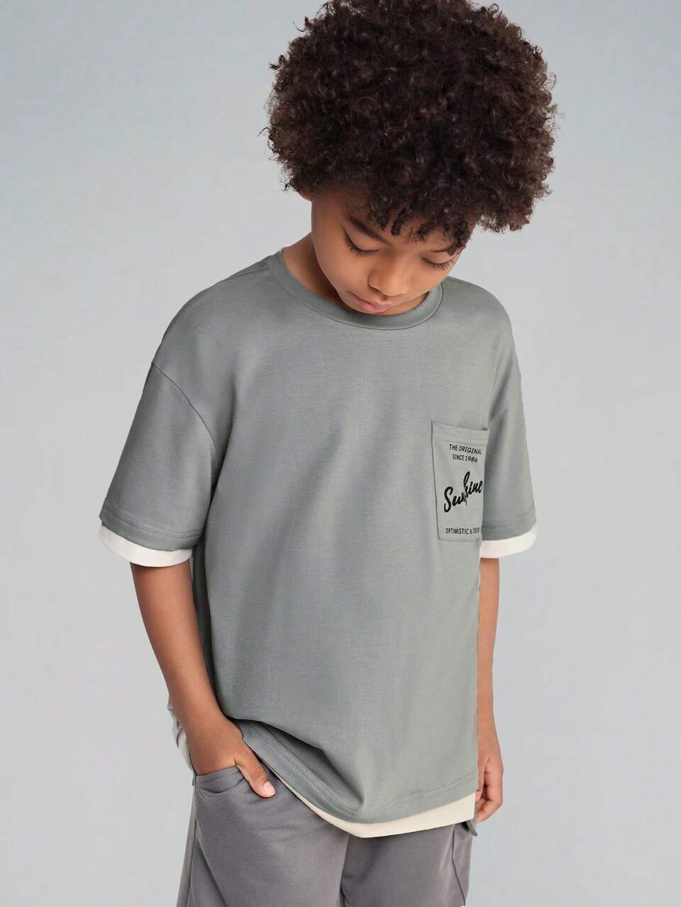 Tween Boys' Knitted Patchwork Letter Print Loose Fit T-Shirt With Pocket