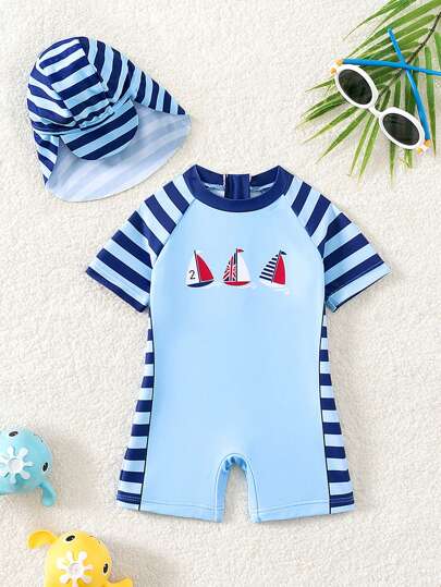 SHEIN Baby Boy Summer Beach Color Block Striped Splice Sailboat Printed One-Piece Swimsuit
