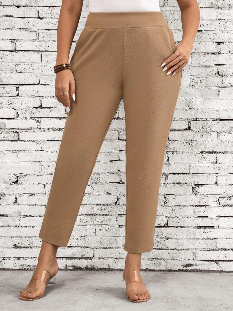 SHEIN LUNE Plus Size Women's Casual Commuter Pants - Khaki - View 3