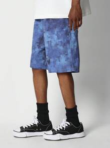 SUMWON Loose Fit Denim Short With All Over Pixel Print - Blue - View 1