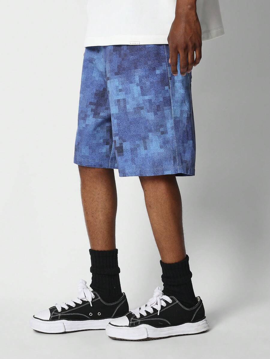 SUMWON Loose Fit Denim Short With All Over Pixel Print - Blue - View 1