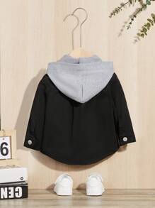 SHEIN Baby Boys' Casual  Cotton Fabric With Hooded Sweatshirt Splicing Long Sleeves Black Denim Jacket, For Outdoor Style