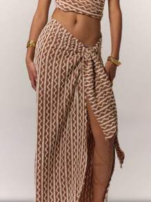 MUSERA 纹理条纹系带侧边长裙 波西米亚风 夏季可爱派对度假 - 棕色 - 查看 5