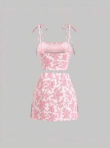 SHEIN MOD Floral Print Tie Shoulder Cami Top & Skirt