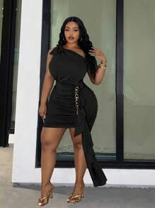 Slaydiva Plus Size Elegant High-Priced - Elastic Knit Plain Bodycon Brown One-Shoulder Dress With Chain Decoration And Ruffled Trim, Size L - Black - View 1