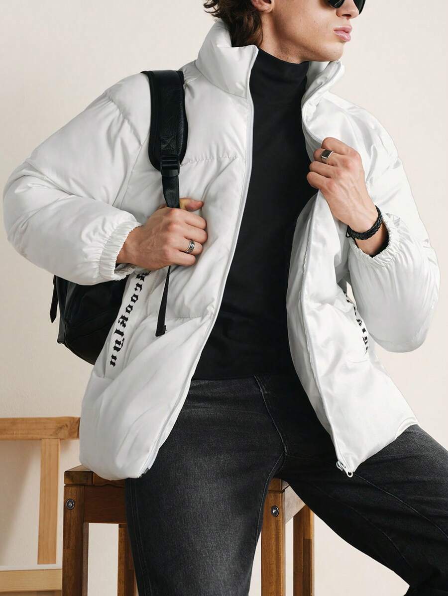 RueChic Men's Classic Letter Printed Zipper Front Stand Collar Winter Coat - White - View 1