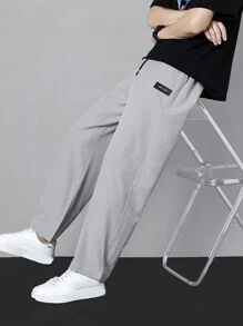 Men Letter Patched Detail Drawstring Waist Trousers - Light Grey - View 5